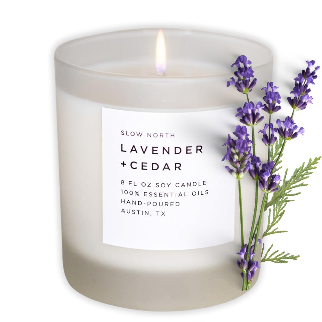 Slow North Lavender + Cedar Candle in a frosted jar for calming ambiance