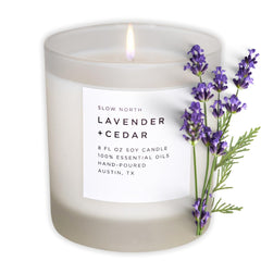Slow North Lavender + Cedar Candle in a frosted jar for calming ambiance