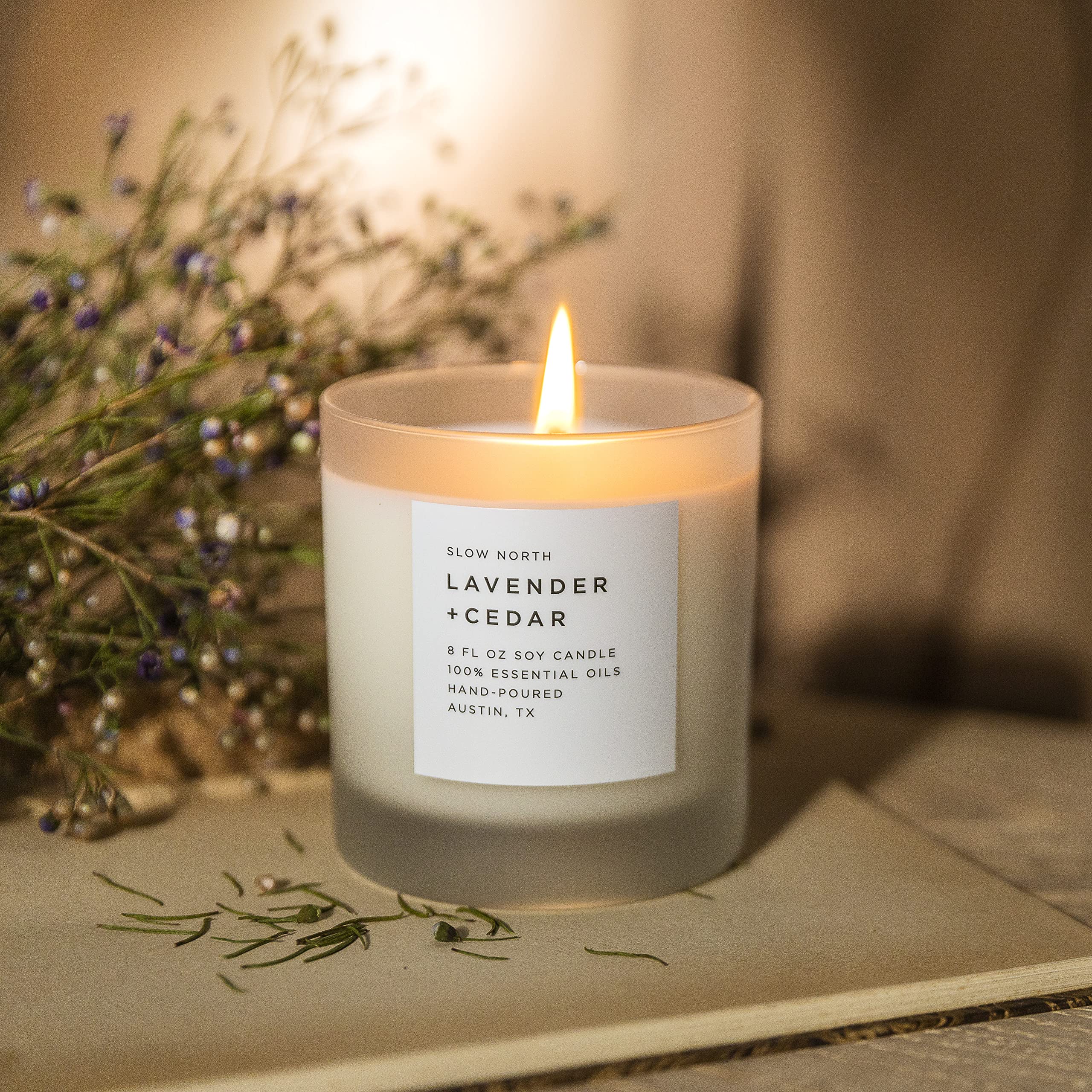 Label close-up highlighting lavender and cedarwood oils