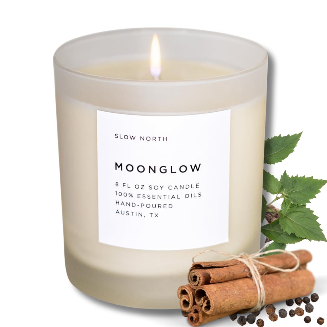 Slow North Moonglow candle in a reusable frosted jar for eco-friendly ambience.