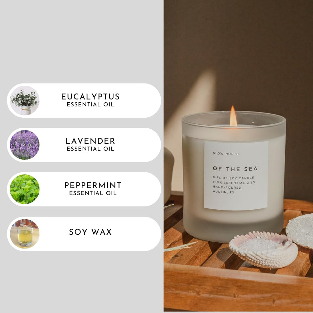 Slow North Sea Candle in reusable frosted jar suits mindful, eco-conscious desk spaces.