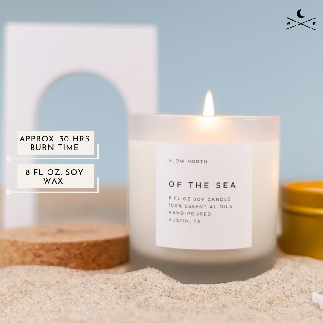 Slow North Sea Candle close-up of essential oil blend smelling eucalyptus and lavender.