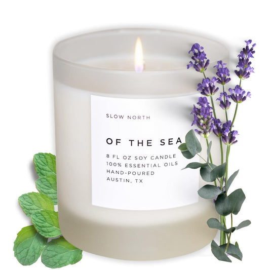 Slow North Sea Candle in a frosted glass jar creates a calming living room ambiance.