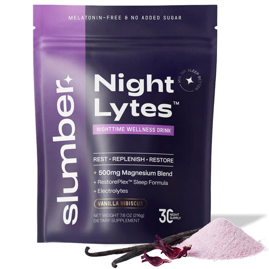 Slumber Night Lytes bottle on nightstand promotes a calm wind-down