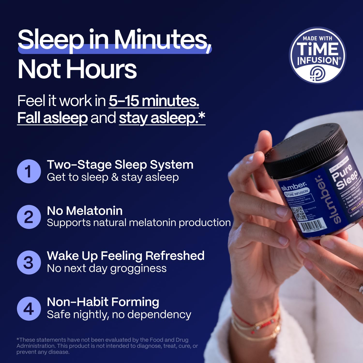 Slumber Pure Sleep chamomile and L-Theanine blend for gentle winding down.