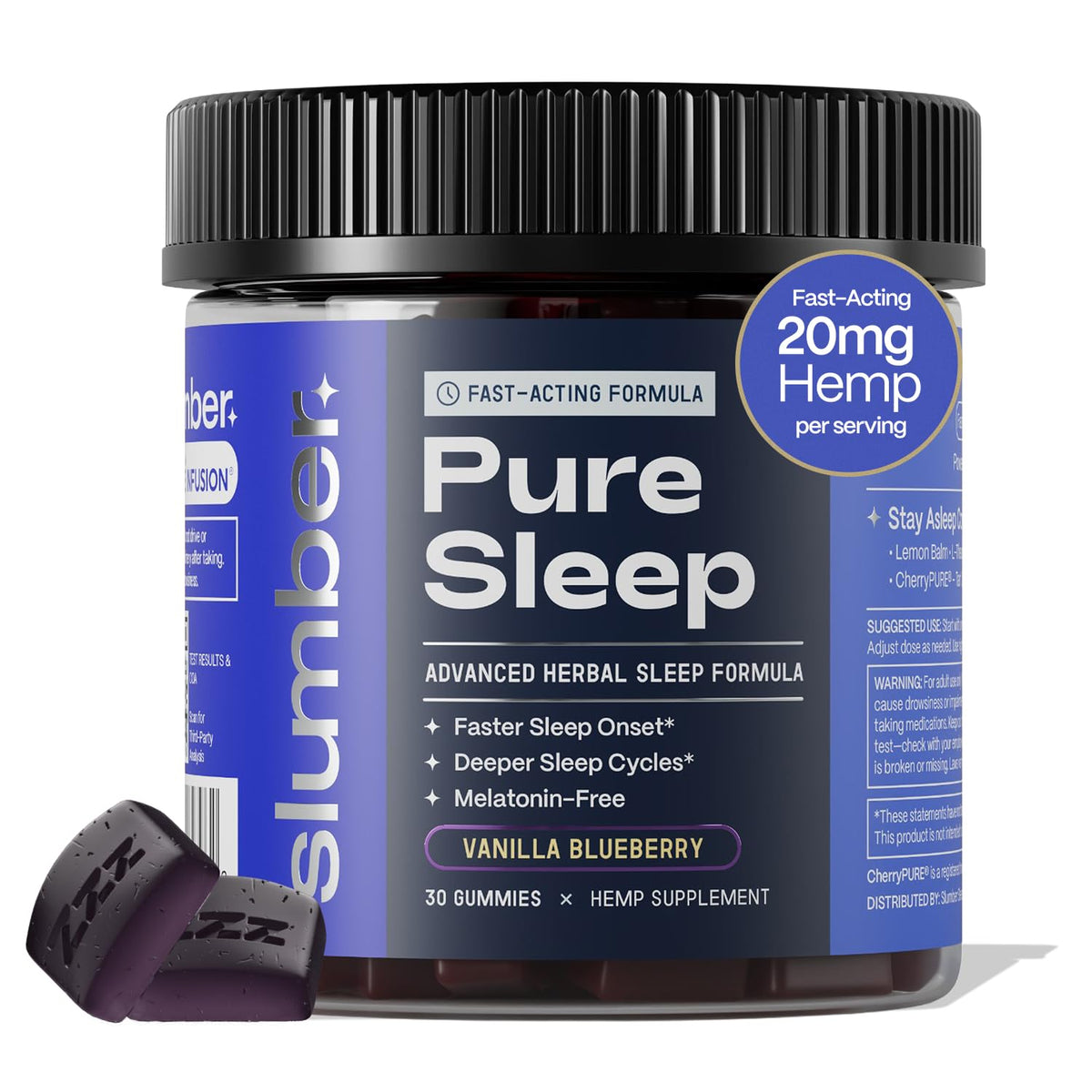 Slumber Pure Sleep gummies vanilla-blueberry packshot for easy nightly relaxation.