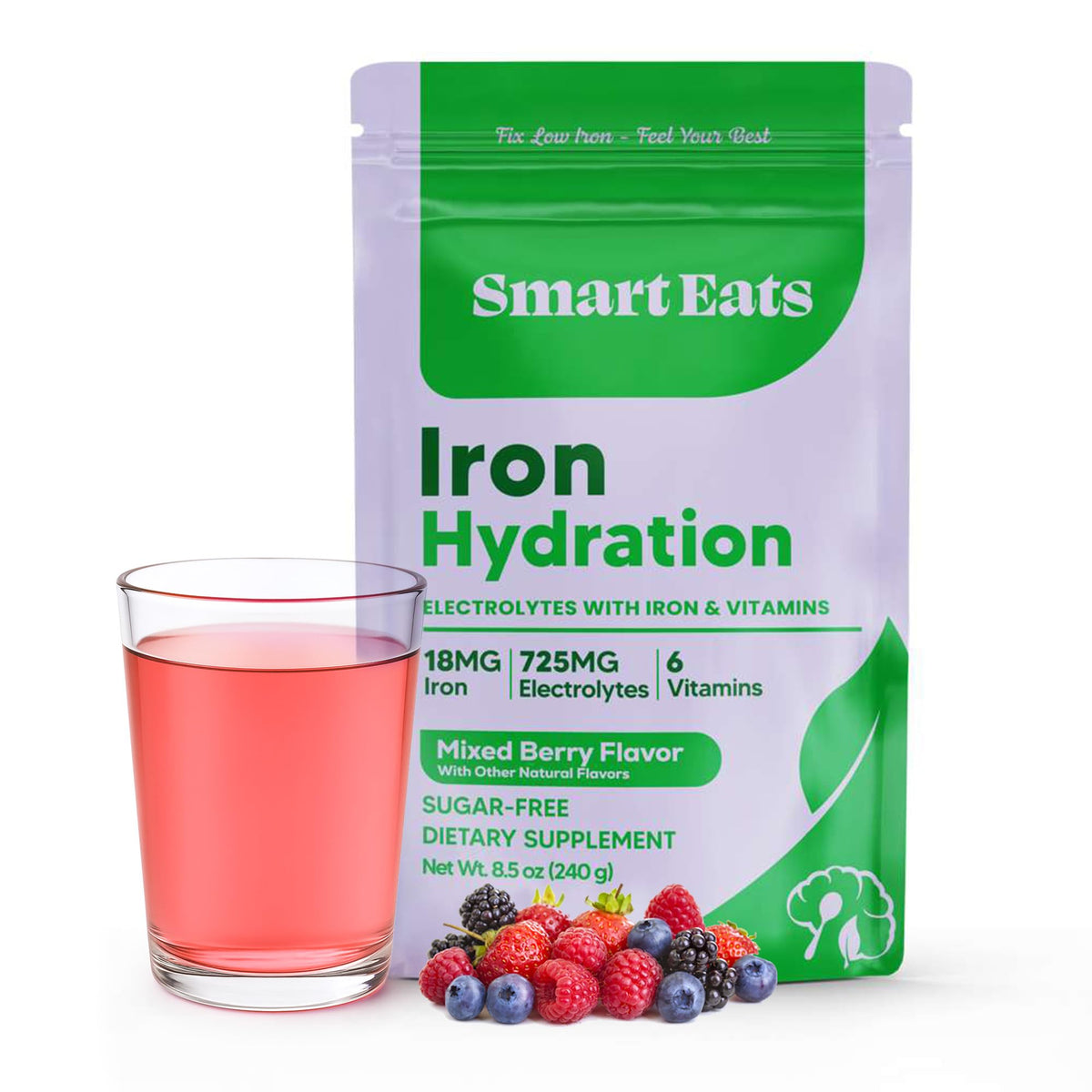 Smart Eats Iron Electrolyte Powder tub highlighting hydration support