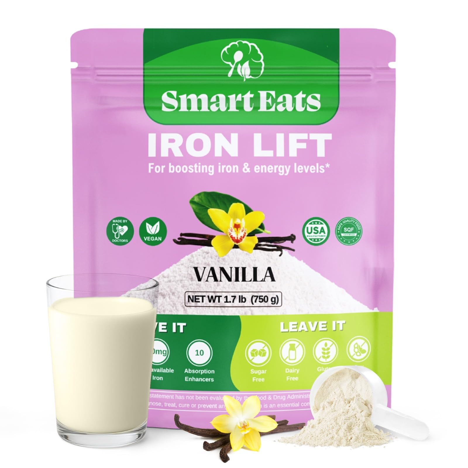 Smart Eats Iron Powder bottle shown for easy daily iron support.