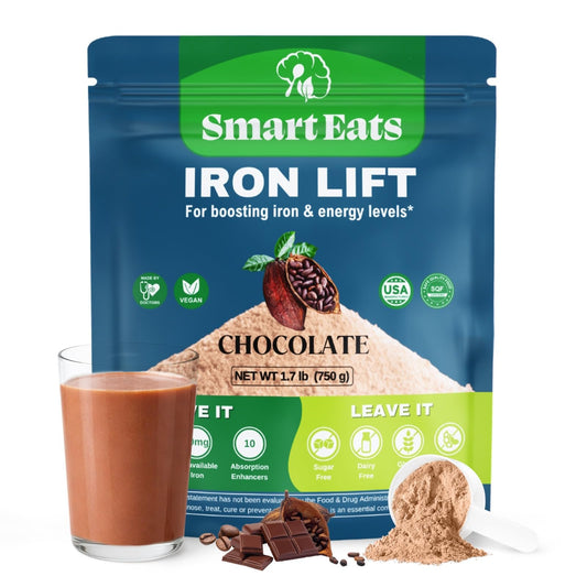 Smart Eats Iron Powder bottle shows an easy-to-mix iron supplement for daily drinks