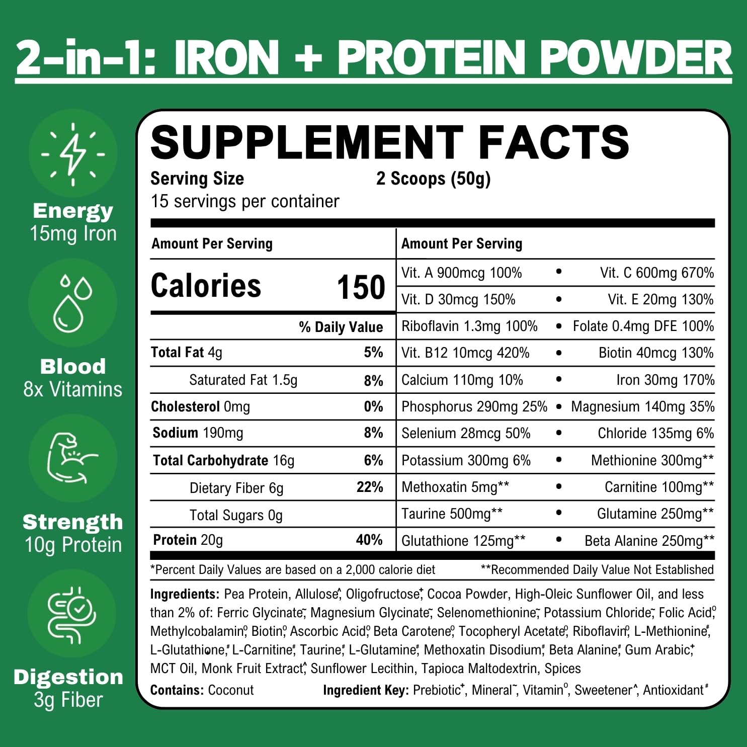Smart Eats Iron Powder ingredients panel emphasizes plant protein and vitamins