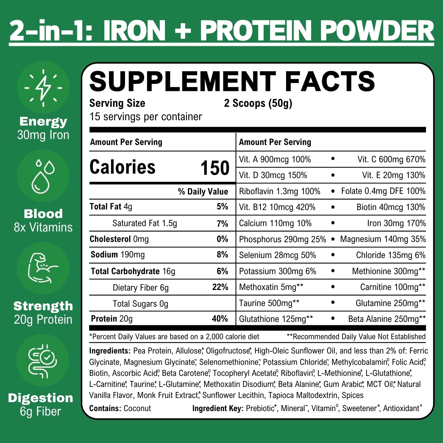 Smart Eats Iron Powder label close-up featuring vegan iron and vitamins.