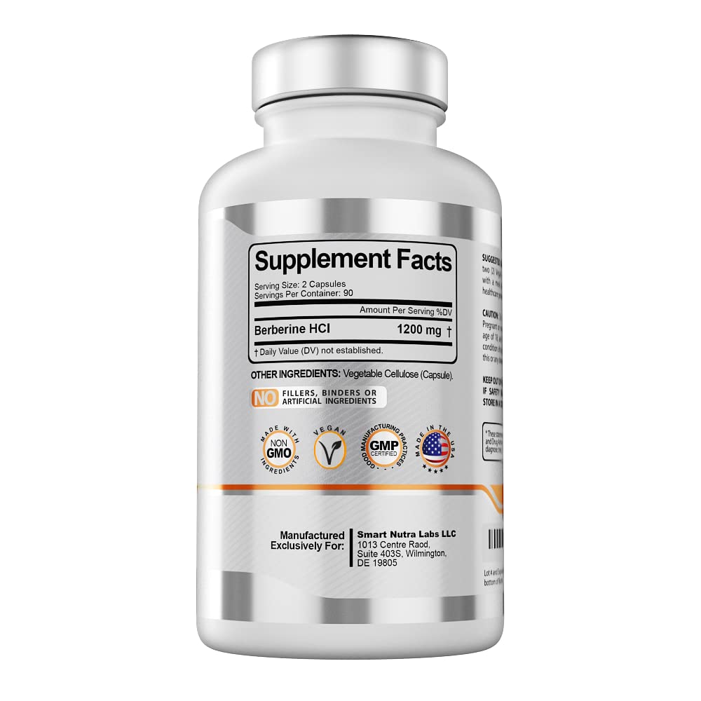 Smart Nutra Labs Berberine HCL label; GMP-certified facility signals reliable production