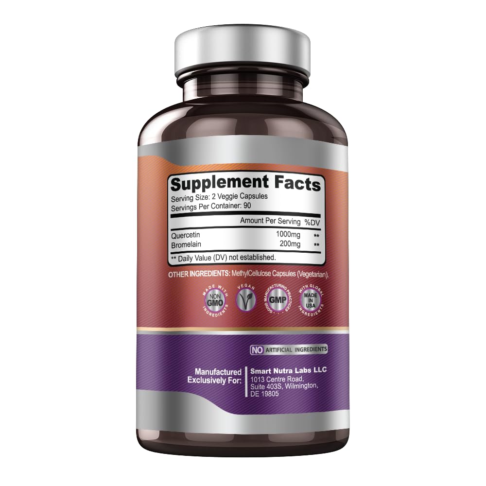 Label detail of Smart Nutra Labs Quercetin shows non-GMO, gluten-free formulation.