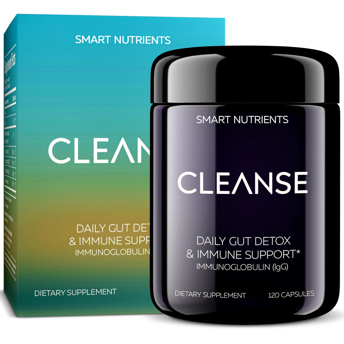 Smart Nutrients CLEANSE bottle front showing dairy-free IgG colostrum for daily gut support