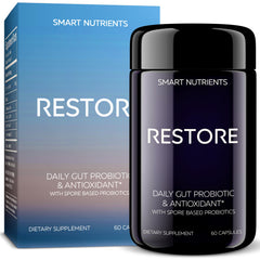 Smart Nutrients RESTORE bottle pouring capsules for daily digestive support.