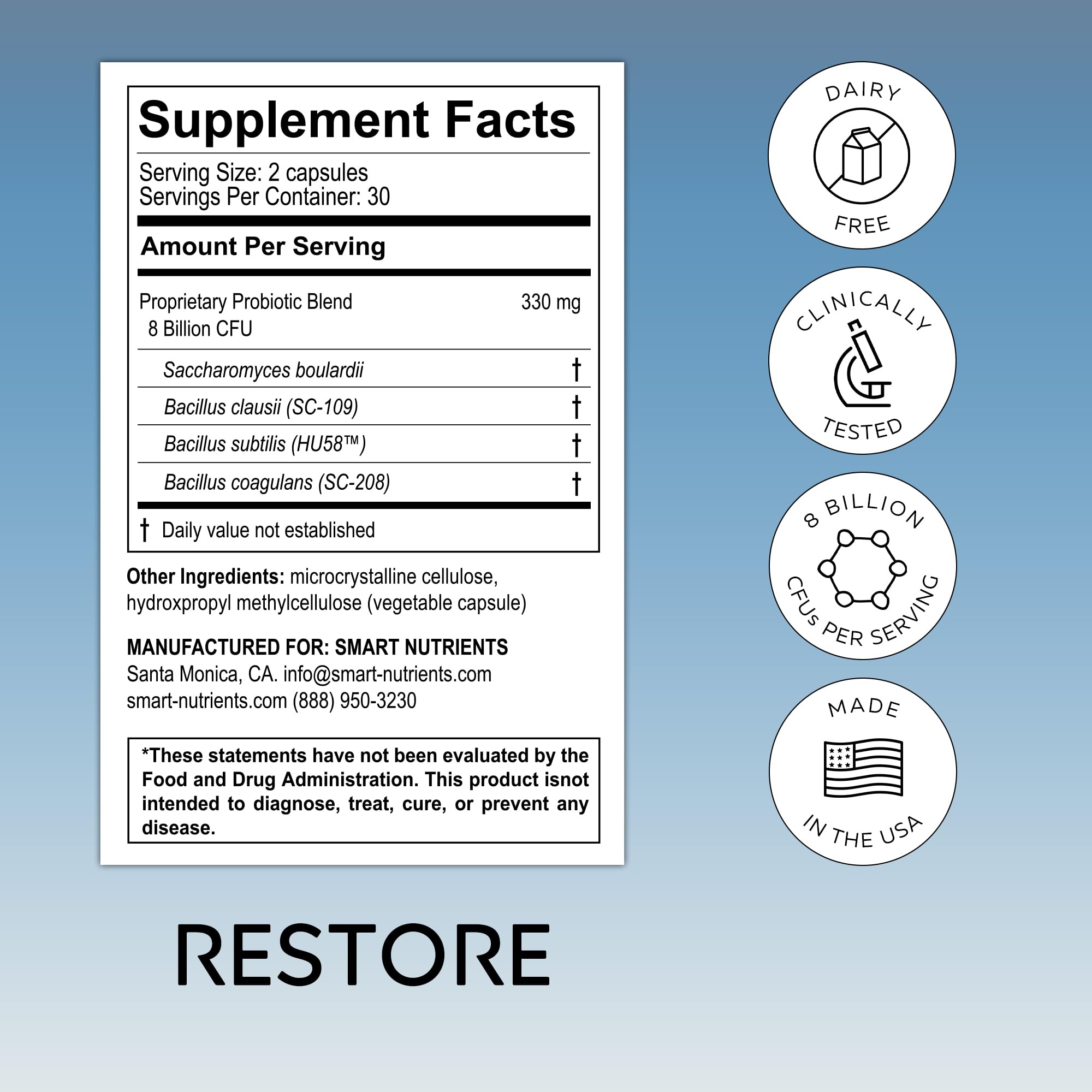 Smart Nutrients RESTORE label view showcasing branding and gluten-free claim.