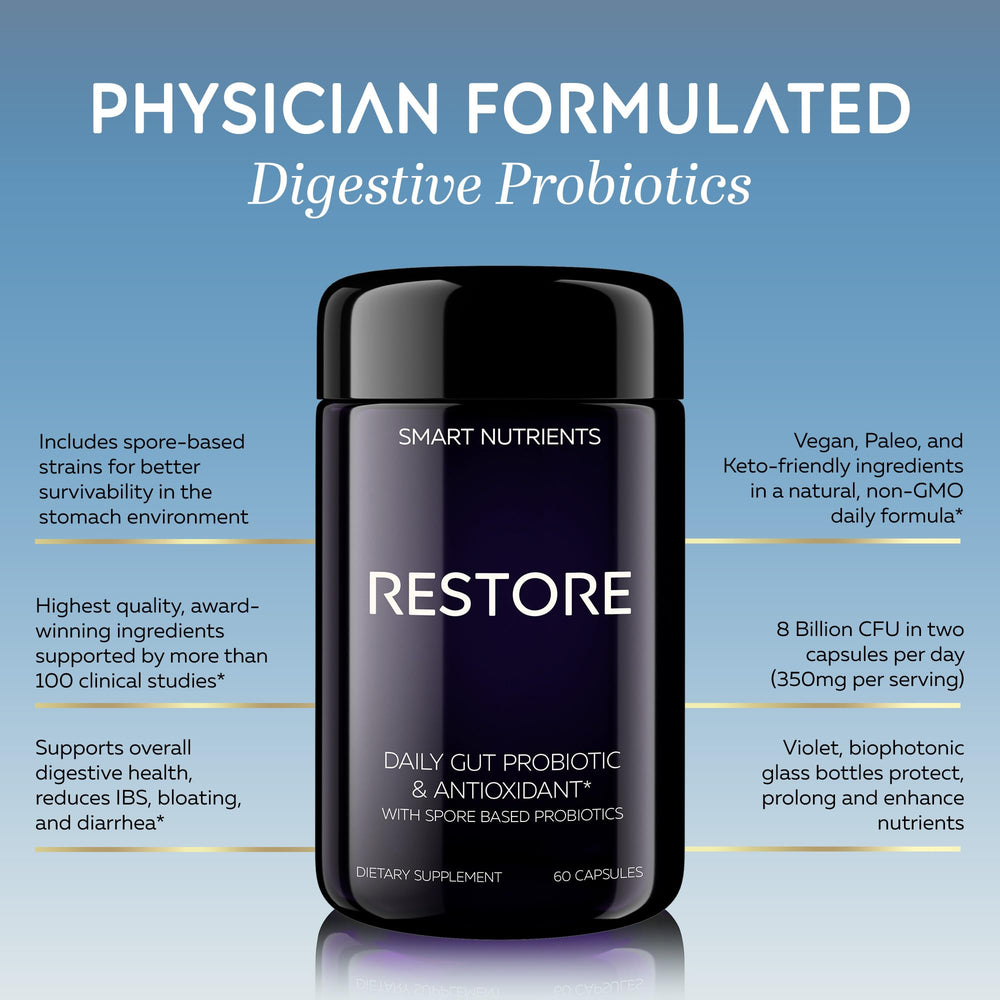 Smart Nutrients RESTORE Limited Edition capsules view showing vegetarian capsules for gluten-free daily use.