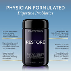 Smart Nutrients RESTORE Limited Edition capsules view showing vegetarian capsules for gluten-free daily use.