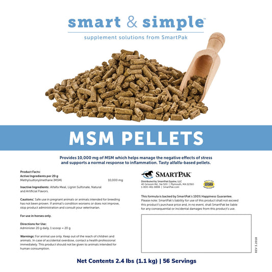 SmartEquine MSM Pellets scoop dispense for convenient daily serving.