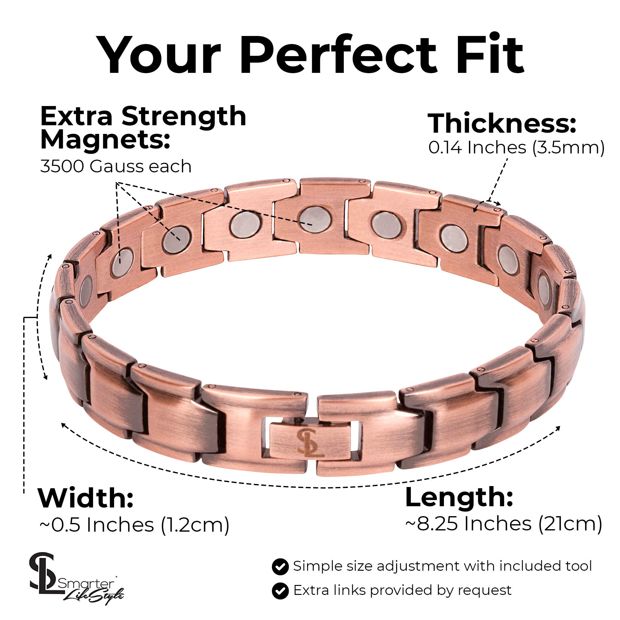 Smarter LifeStyle copper bracelet men wrist wear close-up highlights comfortable form and style.