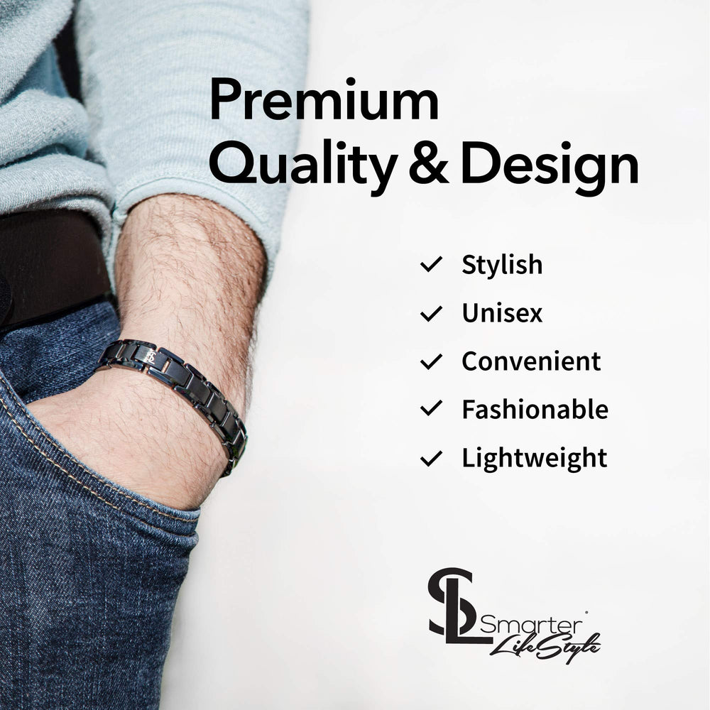 Close-up of Smarter LifeStyle bracelet showing durable titanium finish and secure clasp