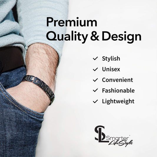 Close-up of Smarter LifeStyle bracelet showing durable titanium finish and secure clasp