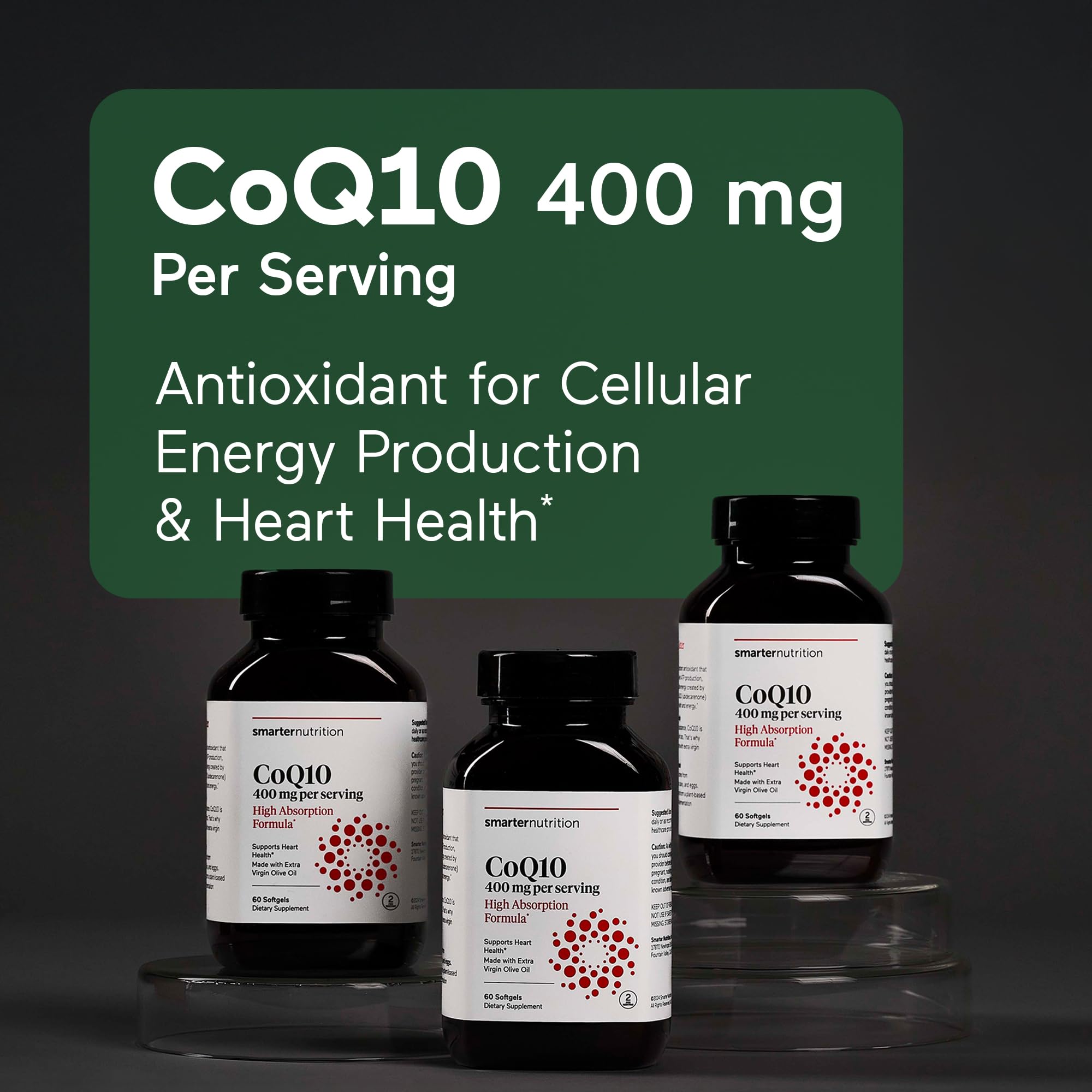 SMARTERNUTRITION CoQ10 400mg bottle back-label shows dosage details and quality controls