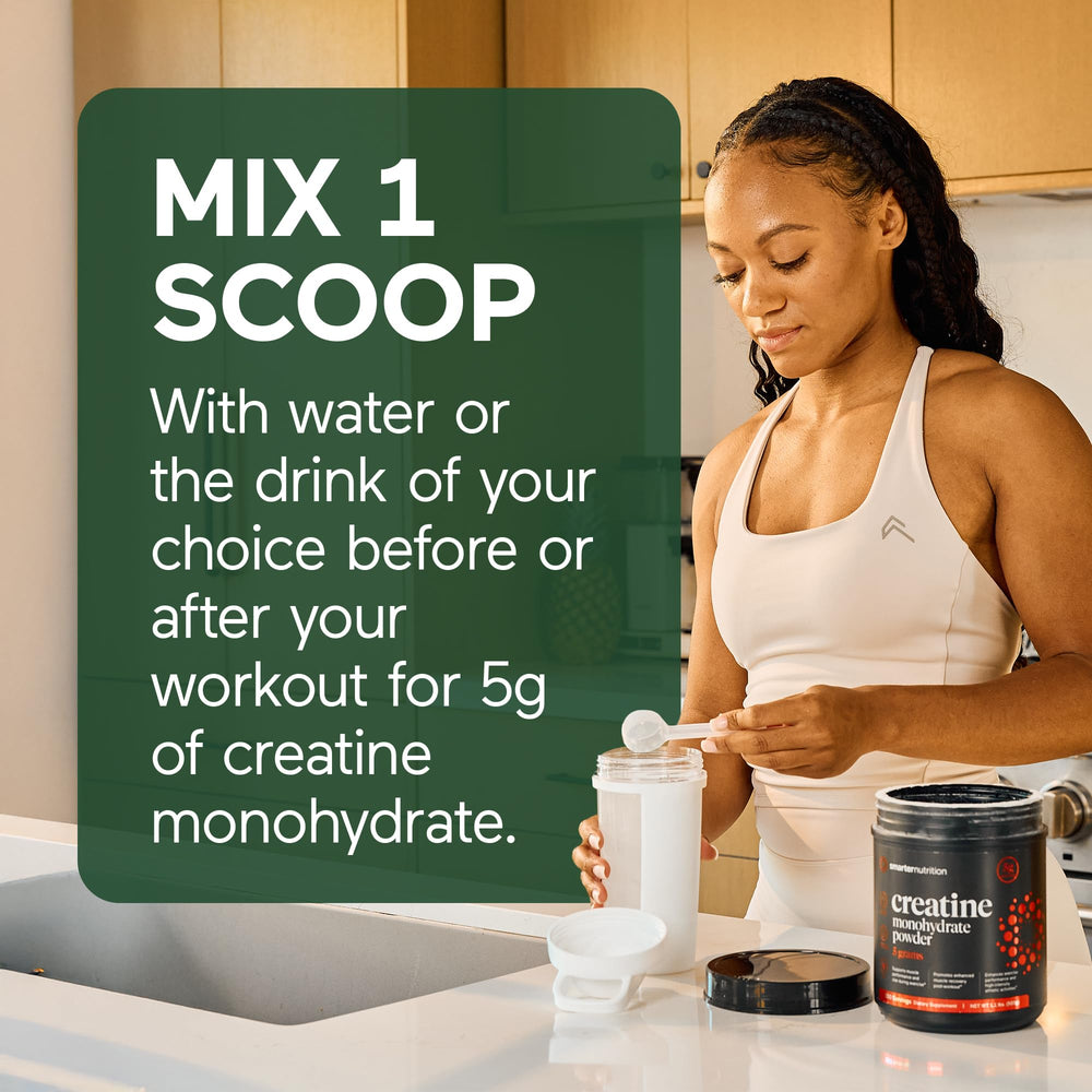 SMARTERNUTRITION Creatine Monohydrate bottle with lid open.