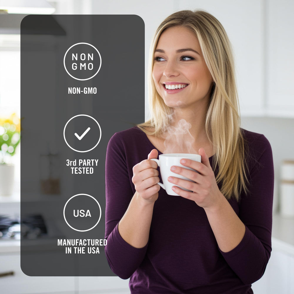 Kitchen scene highlights easy-to-swallow capsules and routine.