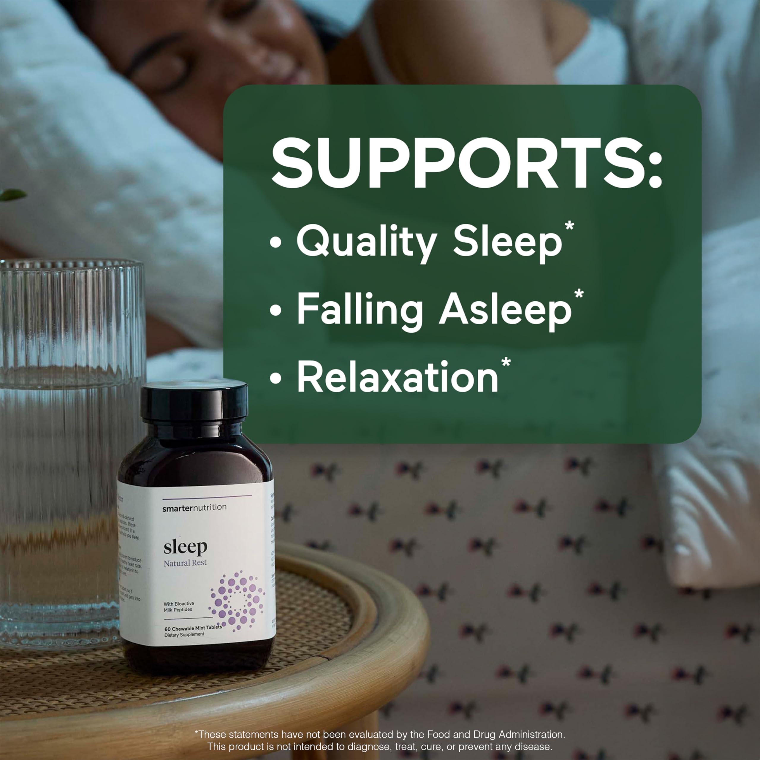 SMARTERNUTRITION Smarter Sleep close-up of dissolvable tablets and mint flavor.