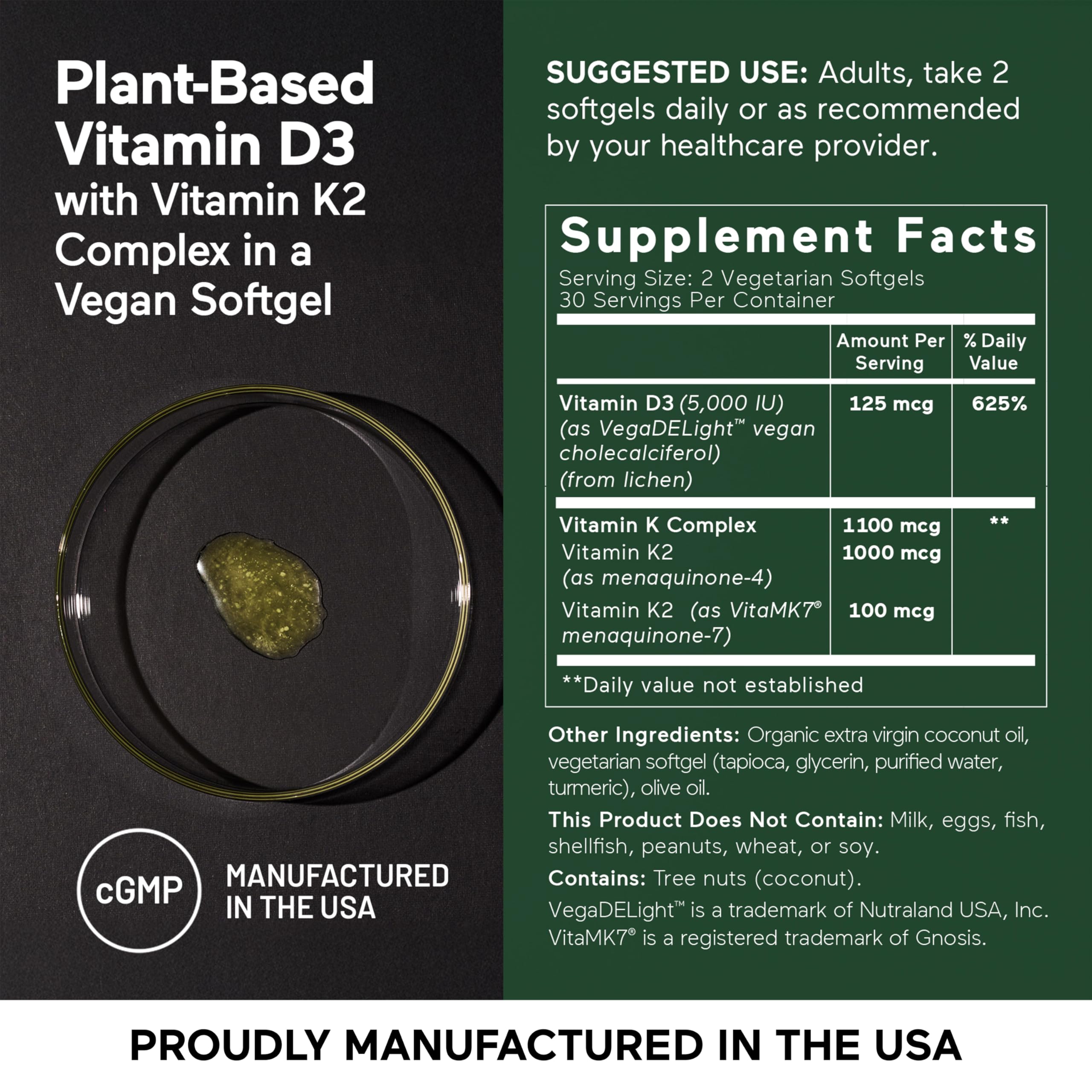 Smarternutrition vegan D3 K2 softgels bottle pour demonstrating daily dosing