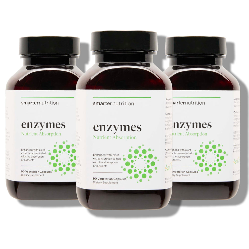 SMARTERNUTRITION vegan digestive enzymes bottle on counter supports comfortable meals