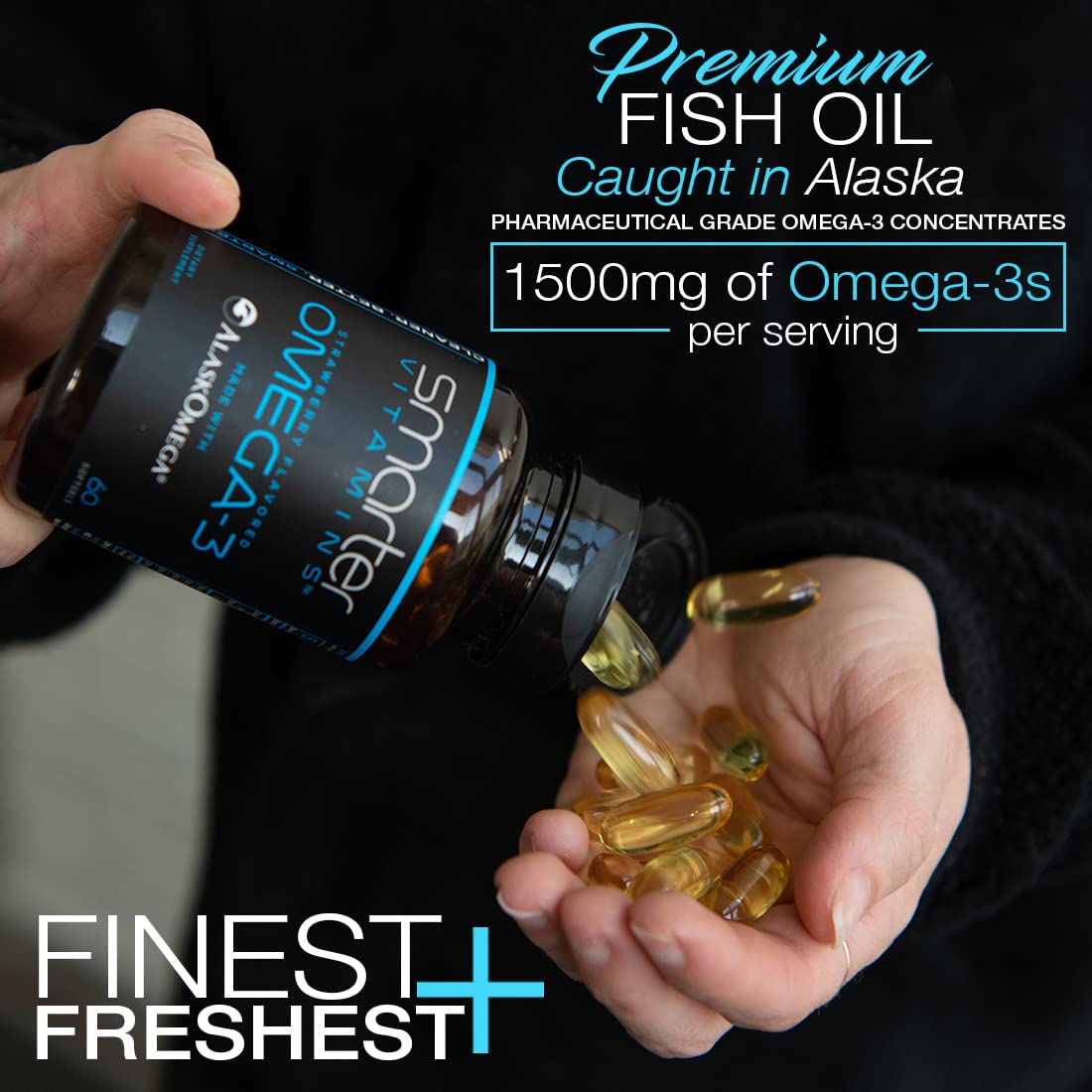 SmarterVitamins AlaskOmega berry softgels close-up shows tasty daily dose