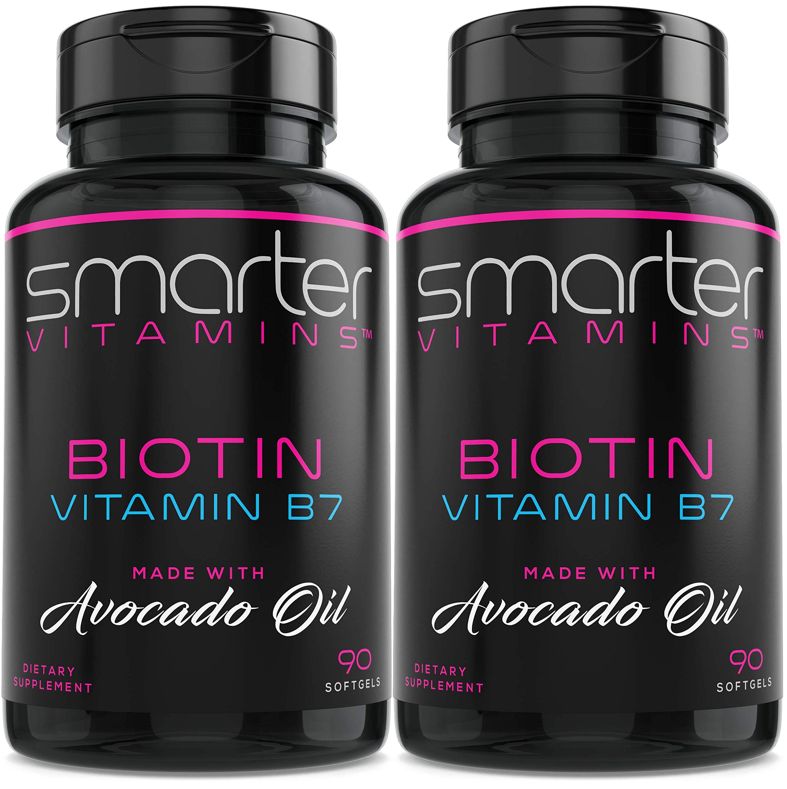SmarterVitamins Biotin Avocado Oil bottle front view, supports daily hair, skin, and nails routines.