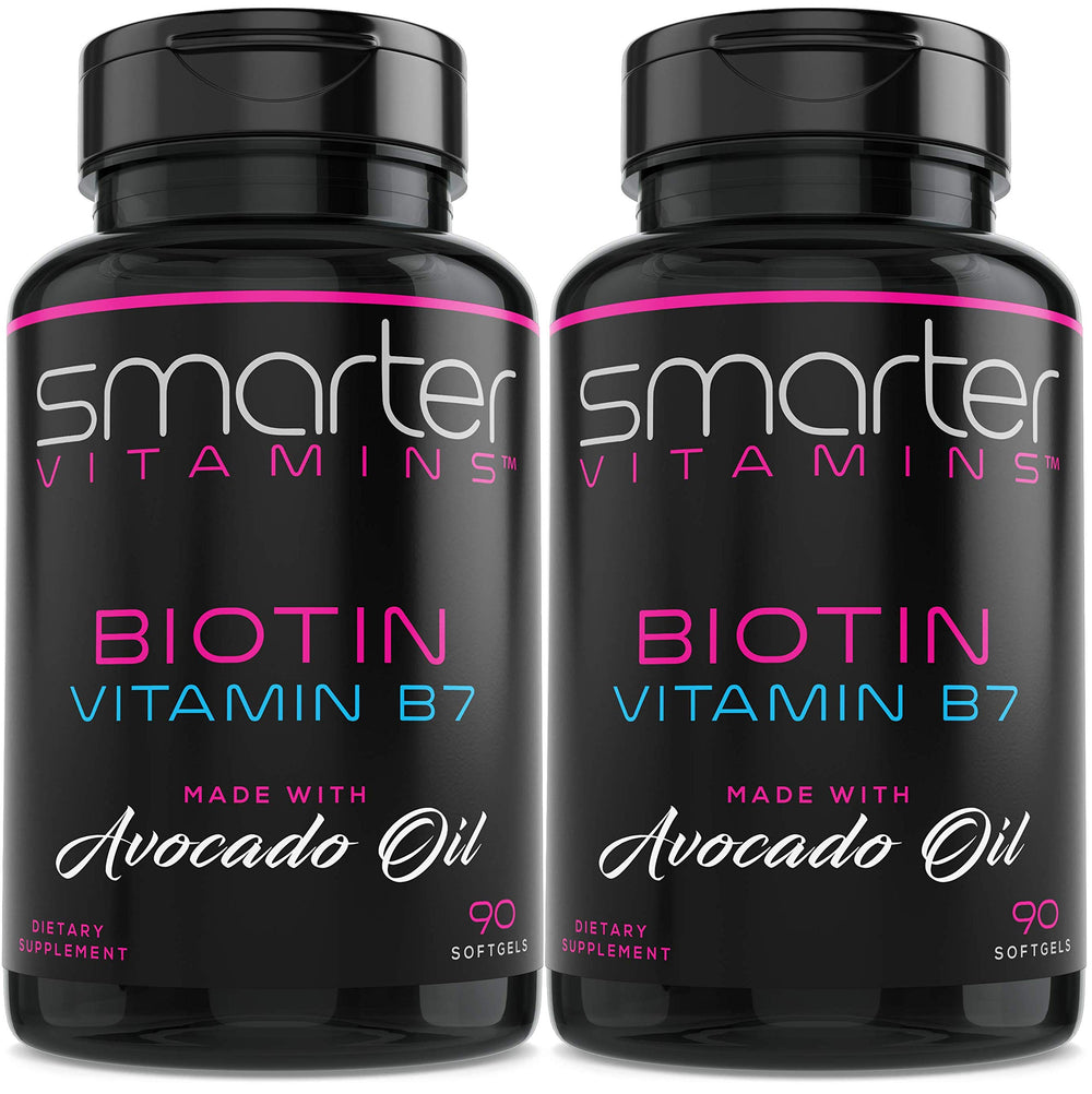 SmarterVitamins Biotin Avocado Oil bottle front view, supports daily hair, skin, and nails routines.