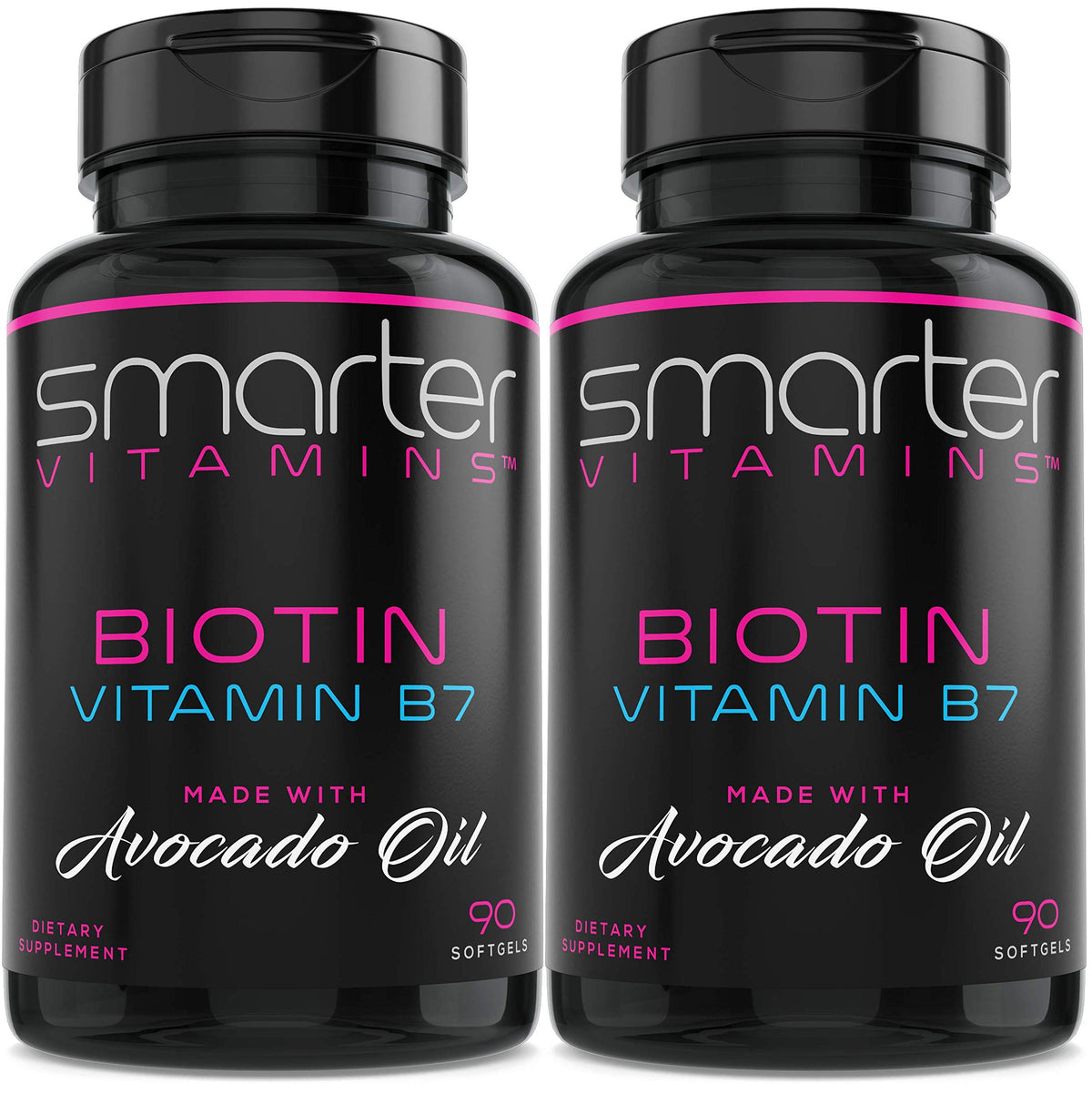 SmarterVitamins Biotin Avocado Oil bottle front view, supports daily hair, skin, and nails routines.