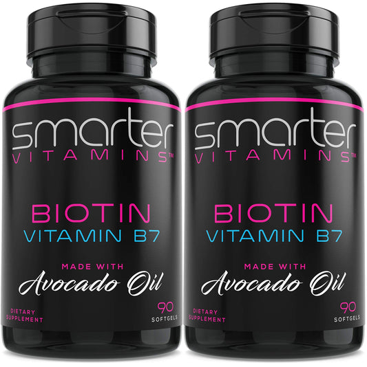SmarterVitamins Biotin Avocado Oil bottle front view, supports daily hair, skin, and nails routines.