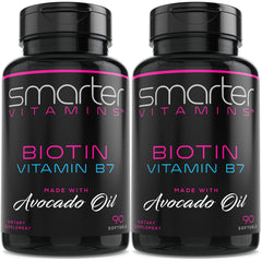 SmarterVitamins Biotin Avocado Oil bottle front view, supports daily hair, skin, and nails routines.