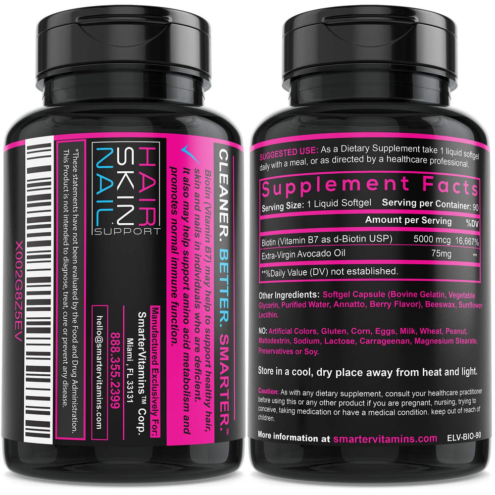 SmarterVitamins Biotin Avocado Oil ingredient panel with non-GMO and soy-free labels.
