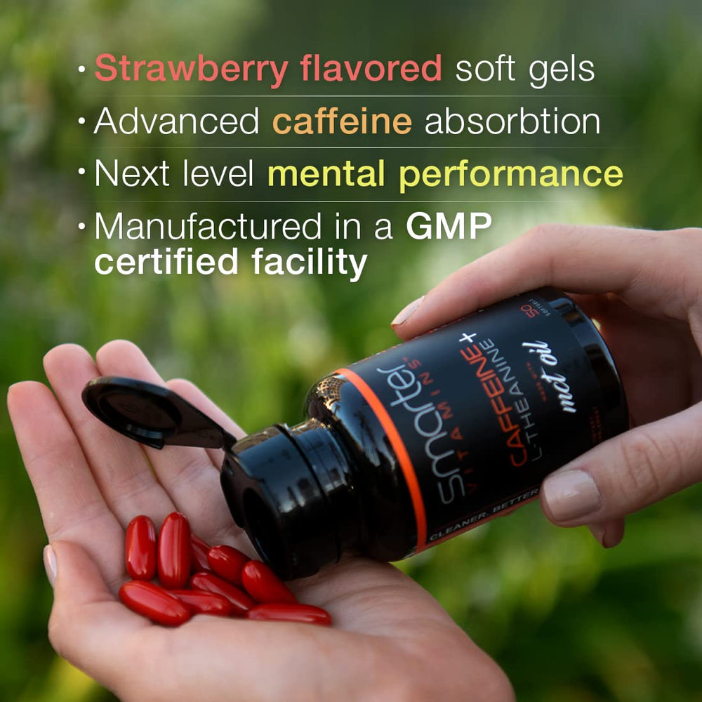 SmarterVitamins caffeine pills 200mg close-up showing dosage for steady energy.