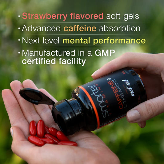 SmarterVitamins caffeine pills 200mg close-up showing dosage for steady energy.