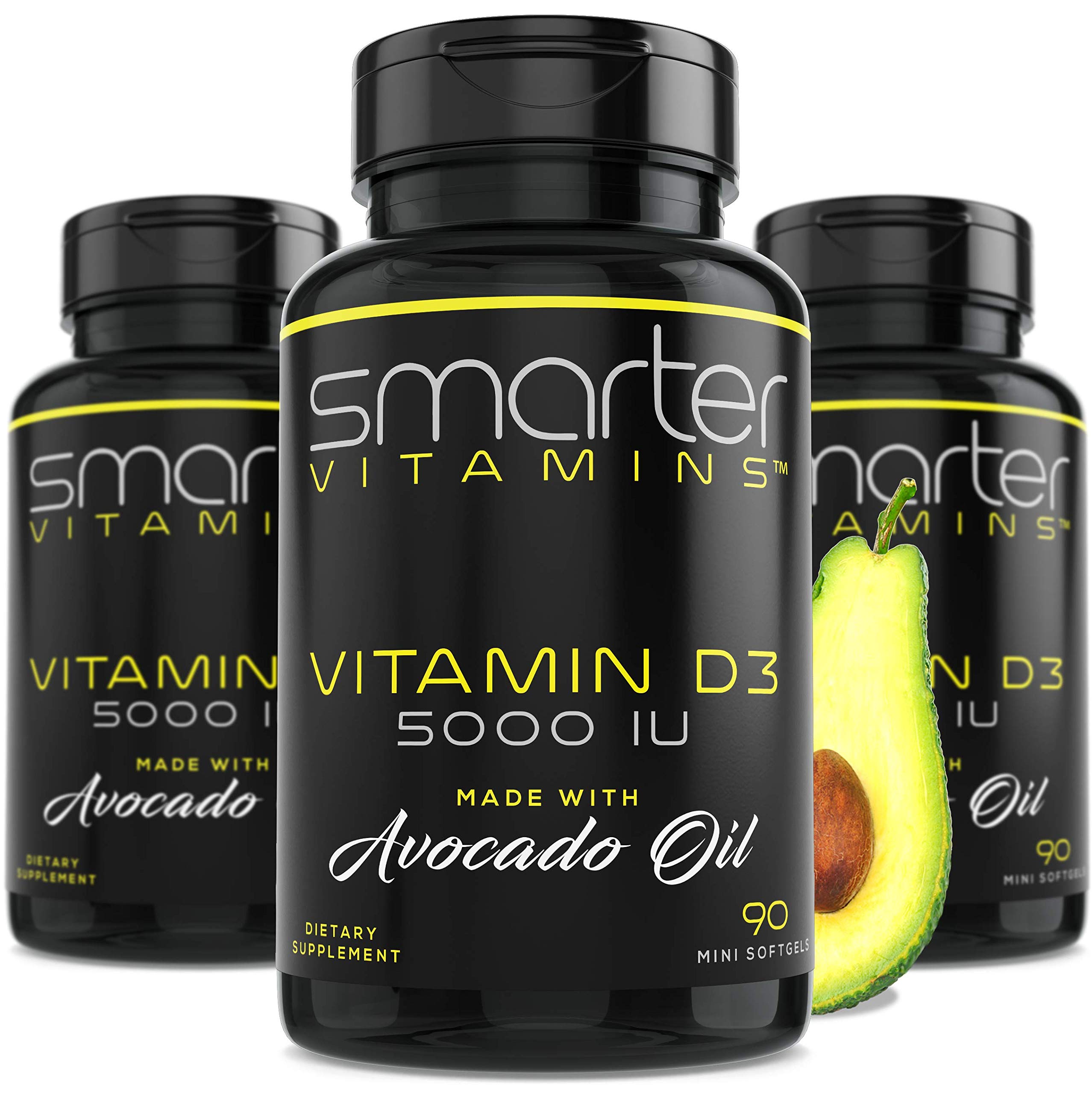 SmarterVitamins D3 5000IU avocado oil mini softgel bottle front for easy daily intake.