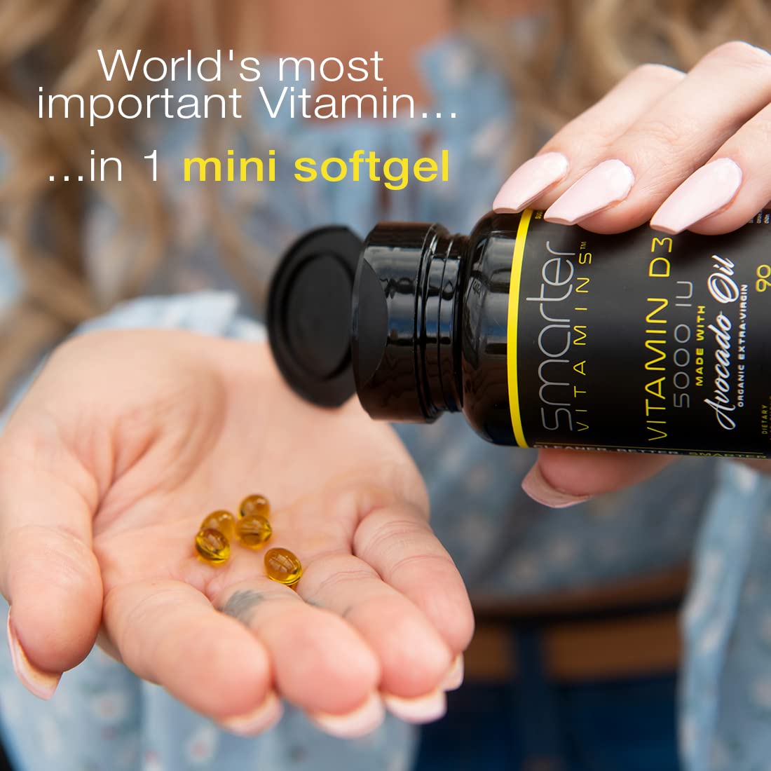 SmarterVitamins D3 mini softgel closeup highlighting smooth swallowing.