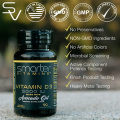 SmarterVitamins avocado-oil D3 label emphasizes premium absorption.