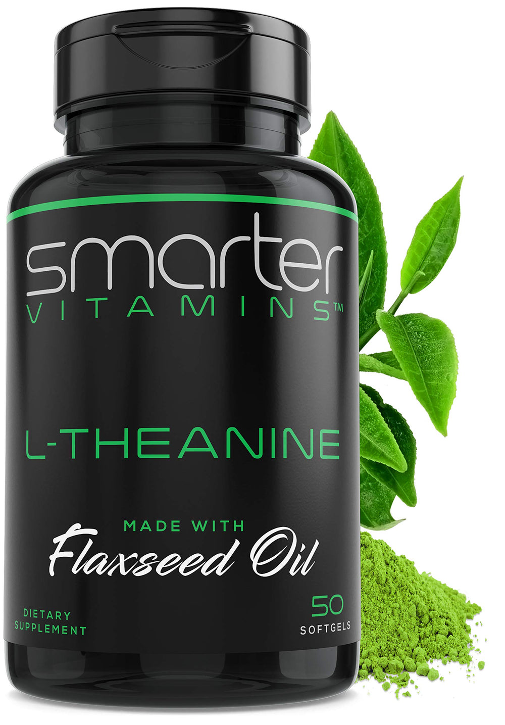 SmarterVitamins L-Theanine bottle with 50 softgels for calm focus.