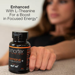 SmarterVitamins L-Theanine softgels with MCT oil in clear bottle.