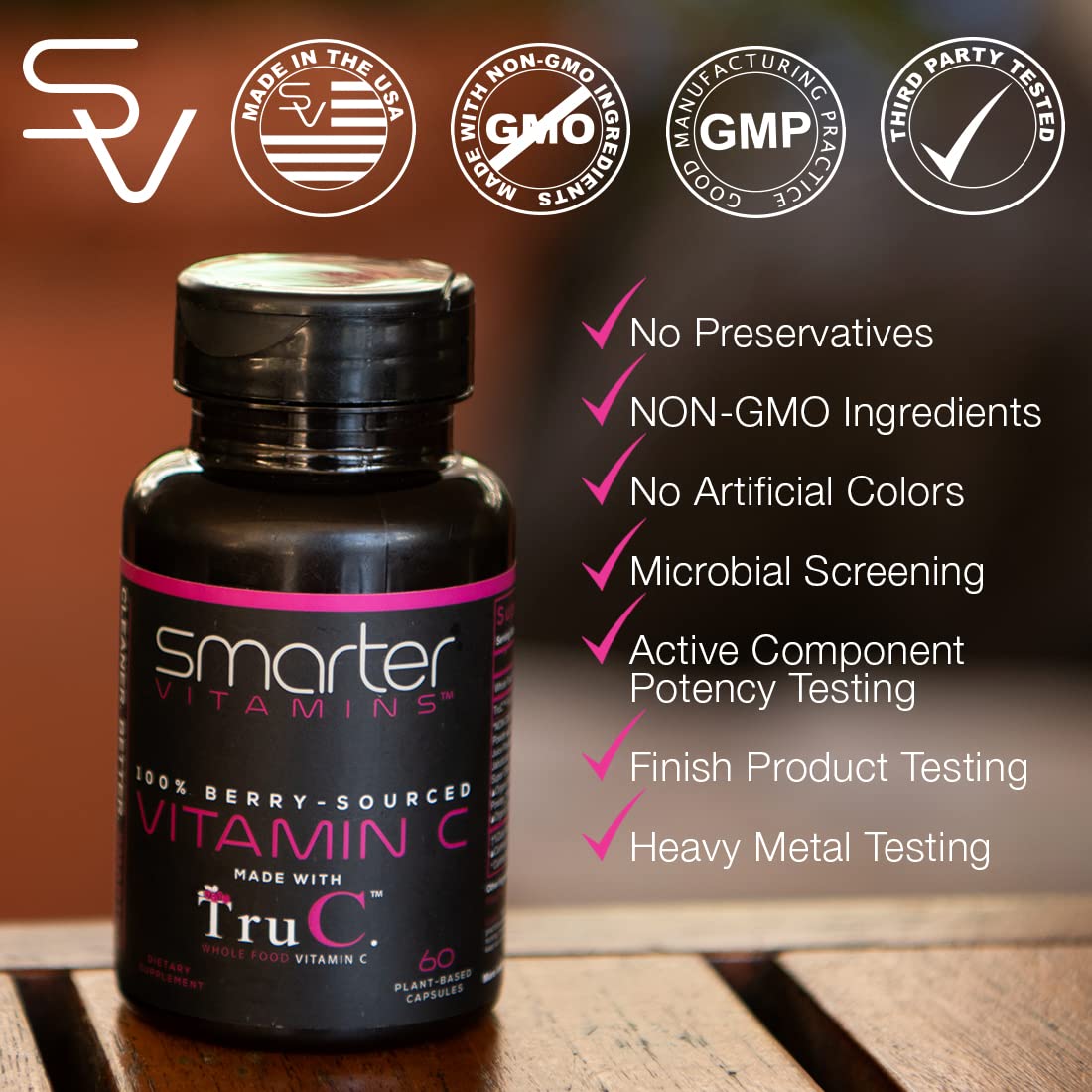 SmarterVitamins vegan capsules emphasizing pure plant-based vitamin C.