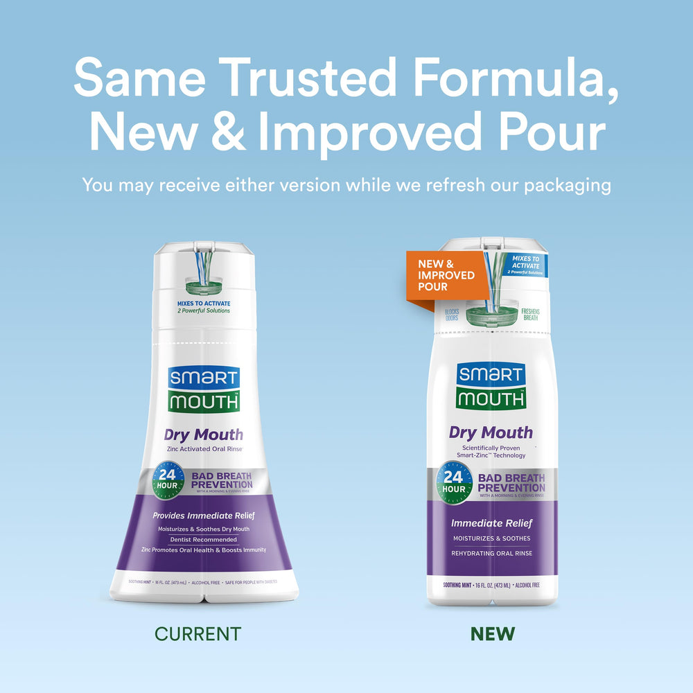 SmartMouth activated-mouthwash pour depicting quick refreshing flow