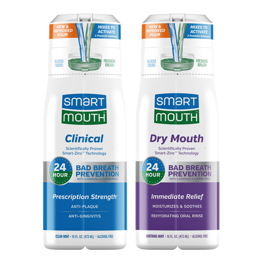 SmartMouth Clinical Zinc Activated Mouthwash bottle being poured for lasting fresh breath.