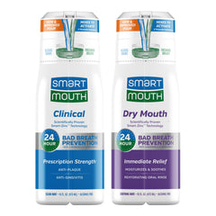 SmartMouth Clinical Zinc Activated Mouthwash bottle being poured for lasting fresh breath.